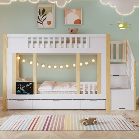 Lit superposé enfant 90x200 cm blanc/nature en bois massif et MDF avec escalier-rangement et 3 tiroirs (1/5)