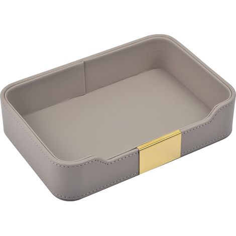 Elegante vassoio da scrivania in pelle e organizer da comodino per cosmetici, gioielli, orologi, chiavi e portafogli (grigio). (1/4)