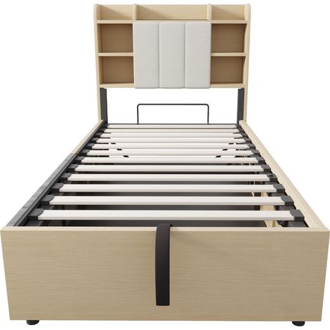 Cama individual 90x200 cm con canapé hidráulico, cabecero con USB y Type-C, color madera (1/5)
