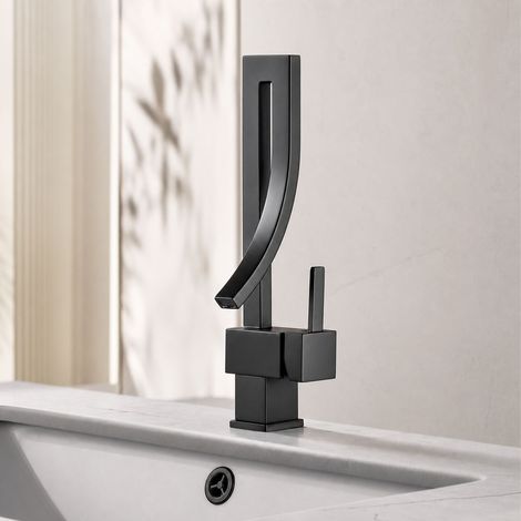 Robinet lavabo pivotant 360° en laiton massif noir, mitigeur eau chaude et froide pour salle de bain, hauteur 350mm (1/5)