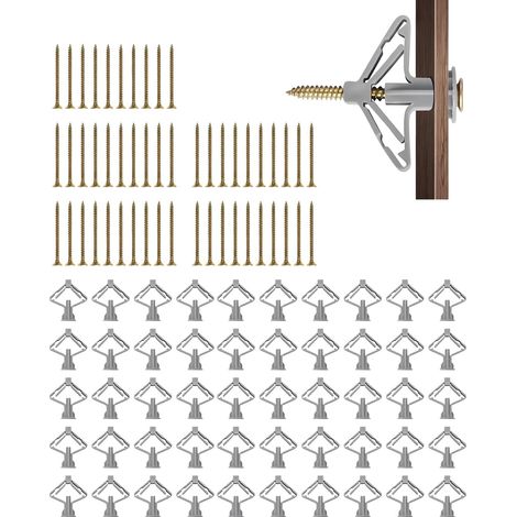 100 Pcs Butterfly Drywall Anchors Kit Butterfly Plugs with Screws for Plasterboard, Fiberboard and Concrete (50 Dowels + 50 Screws), 60mm Extension Screws Included (1/5)
