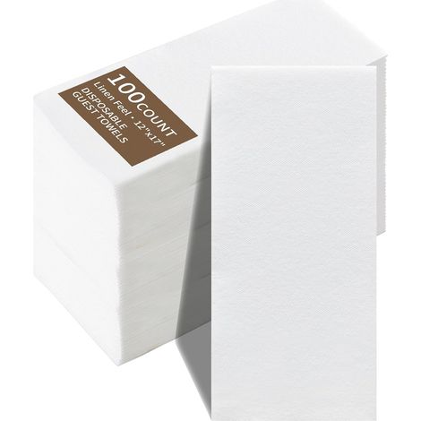 Lot de 100 serviettes jetables pour invités, sensation lin, serviettes en papier semblables à du tissu, douces, durables et absorbantes pour cuisine, fête, salle de bain, événements, blanc (1/5)