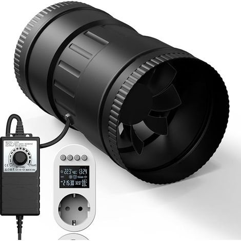 Extracteur d'Air 100 mm, Ventilateur d'Extraction 221m³/h, EC Moteur Avec Prise de Courant Dotée d'une Minuterie,Délai et de Capteurs de Température et d'humidité für Hydrokulturen,Belüftung. (1/5)