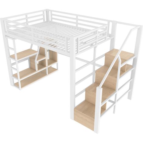 Lit mezzanine 140 x 200 cm, cadre en fer, espace de rangement, marches intégrées, barrière de sécurité, échelle, bande lumineuse LED, rangement ouvert sous le lit, matelas non inclus, blanc