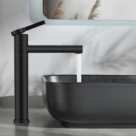 Mitigeur Lavabo Rotatif à Degrés Robinet de Salle Bains bec Haut 360 Acier Inoxydable Noir (1/4)