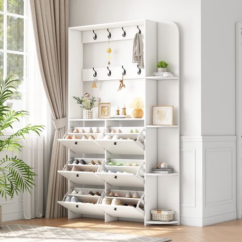 Porte-manteau d'entrée blanc 120x24x200 cm, meuble à chaussures 3-en-1 multifonction, armoire salon à 5 étagères avec porte pliante et 8 crochets, rangement compact