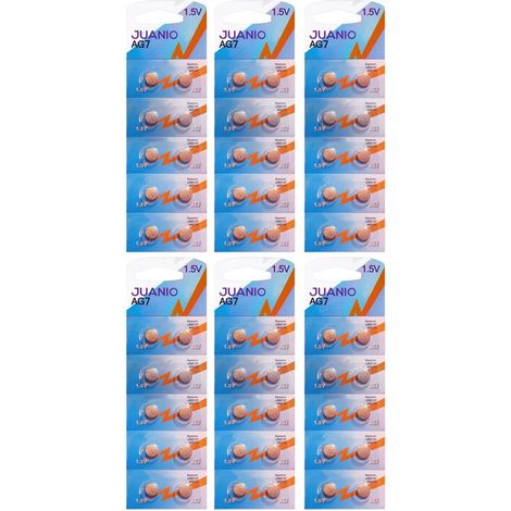 Lot de 60 Piles bouton plates type AG7/G7 1,55V compatibles LR927, LR57, 395, 399, SR57, SR927, V395, V399 - Juanio - (1/2)