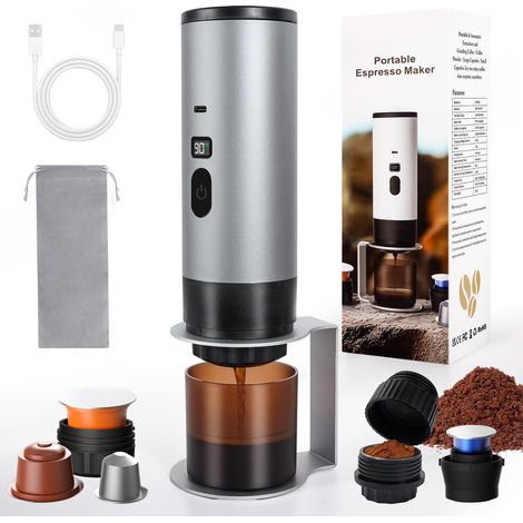 Machine à café portable avec égouttoir à café, machine à expresso de camping, mini machine à café, machine à capsules auto-chauffante, compatible avec le café moulu et les capsules de café, gris (1/5)