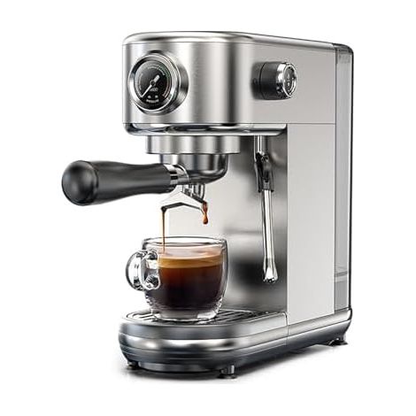 Machine à café compacte en acier inoxydable avec manomètre visuel, tuyau vapeur 270°, plage d'extraction à chaud réglable pour cappuccino et latte (1/5)
