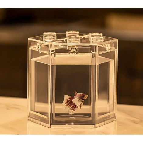 Acuario pequeño hexagonal Super Impossible, mini acuario portátil para decoración de oficina, plástico, 12 x 11,5 x 11 cm (transparente). (1/5)