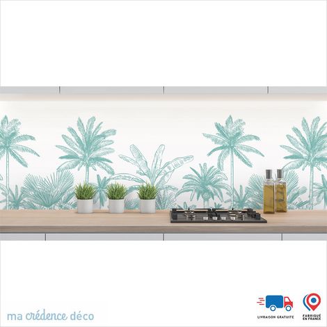 Crédence : Dessin Jungle et palmiers - Couleur Vert pastel - Alu composite - 60 - 120 (1/3)