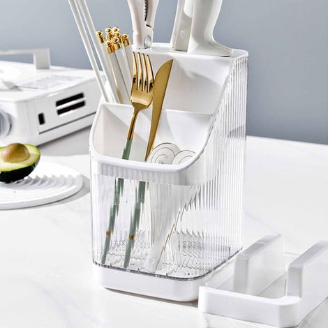 Bloc à couteaux avec bac de rangement égouttoir, organisateur d'ustensiles de cuisine transparent blanc (1/5)