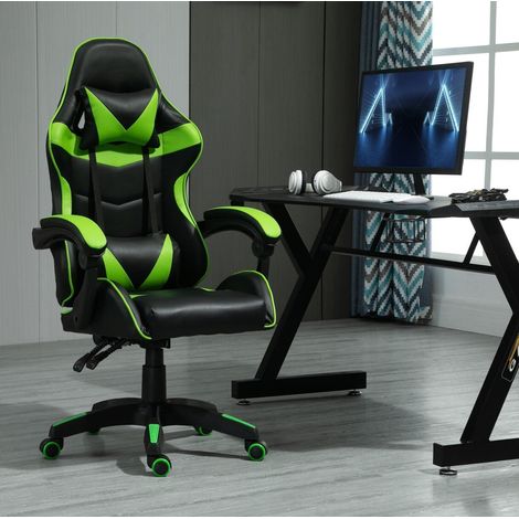 Swivel Gaming Chair Faux Leather Home Office Chair Sports Desk Tilt Chair A GREEN