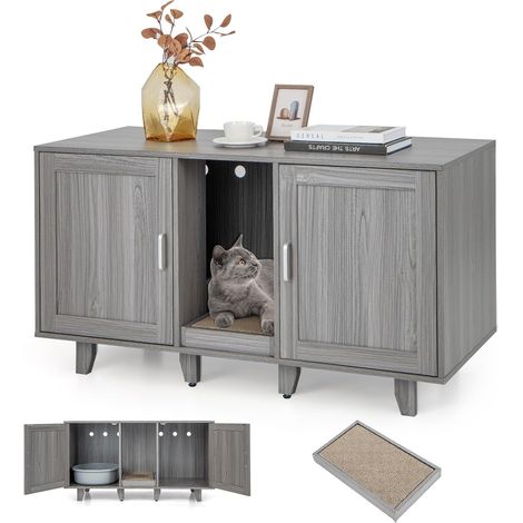 Costway – Maisonnette pour chat en bois – Toilettes cachées à double portes – Griffoir intégré – Pieds surélevés amovibles – 120 x 52 cm – Chêne gris (1/5)