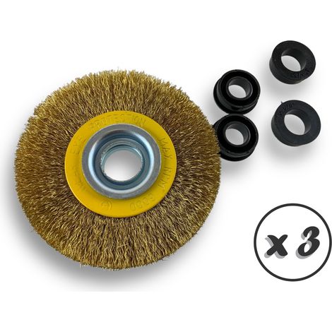 Lot de 3 brosses circulaires LAITON Ø 100 mm Epaisseur 2 rangs Fil souple 0.20 mm ondulé Alésage 16 mm Touret meuleuse affûteuse ponceuse Brossage décapage polissage Kibros 234102LVx3 (1/5)