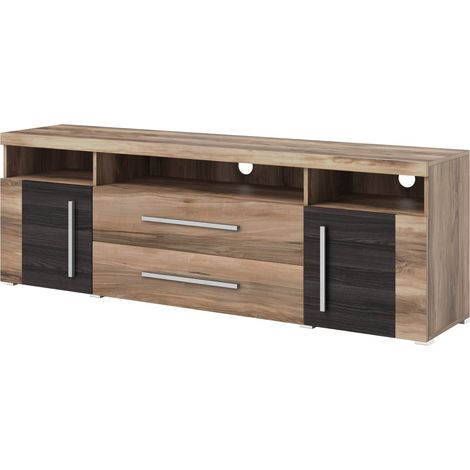 Mobile TV BRAZZA 182 cm – 2 porte, 2 cassetti – Noce satinato e nicchie visibili