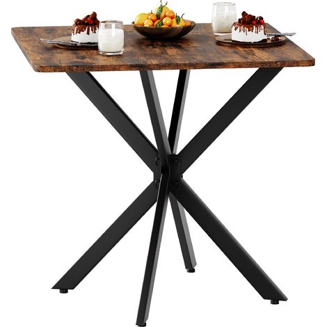 FurnitureR Esstisch 80×80 cm quadratisch Industrie Stil Holzoptik Tischplatte Metall Kreuzgestell stabil kompakt für Küche Esszimmer Braun Schwarz