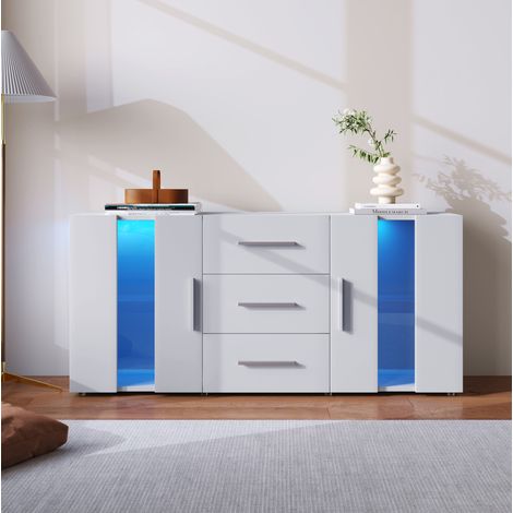 Aparador TV 140x35x70 cm blanco en MDF con LED USB y gran almacenamiento (1/5)