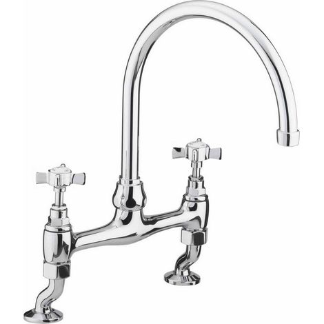 Traditional Victorian Design Bridge Deck Mounted Chrome Cross Head Kitchen Sink Mixer Tap