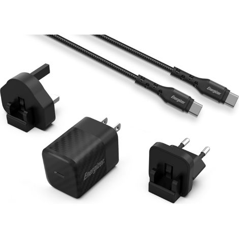 Energizer Ultimate - Chargeur mural de voyage multiprise EU/UK/US GaN USB-C 20W PD + câble USB-C (noir) (1/5)