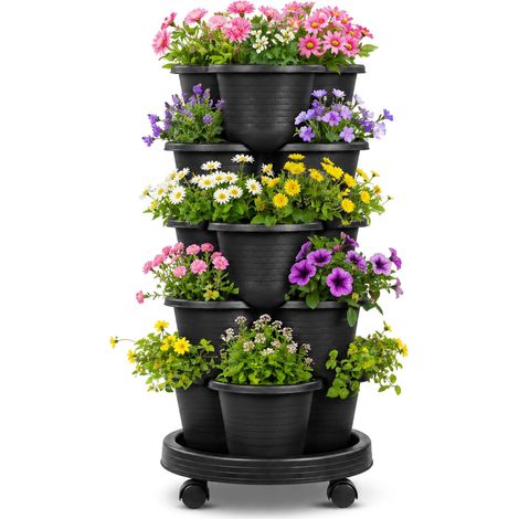 Tour de plantation à 5 niveaux avec roulettes, verticale, empilable, peu encombrant, tour de fraise, pour balcon et jardin, jardinière verticale avec système de drainage, plastique, blanc (1/5)