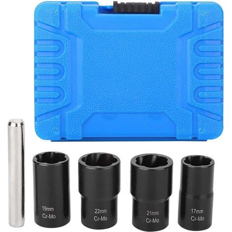 Jeu de douilles torsadées 5 pièces,5 pièces Jeu de douilles torsadées écrou de roue de blocage Extracteur de goujon de boulon Décapants 17 mm 19 mm 21 mm 22 mm Jeux de clés à douille et clés à douill (1/5)