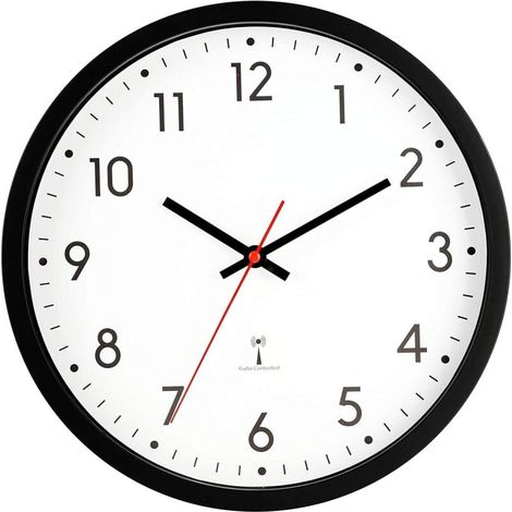 Orologio da parete radiocontrollato da 30 cm in plastica nera – impostazione automatica dell'ora per soggiorno, ufficio o scuola