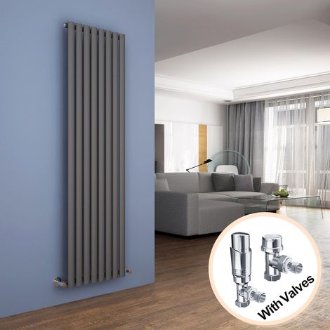 ELEGANT Vertical Column Designer Radiator Anthracite Oval Single Panel Rad 1800 x 472mm + Chrome Thermostatic Radiator Valves (1/5)