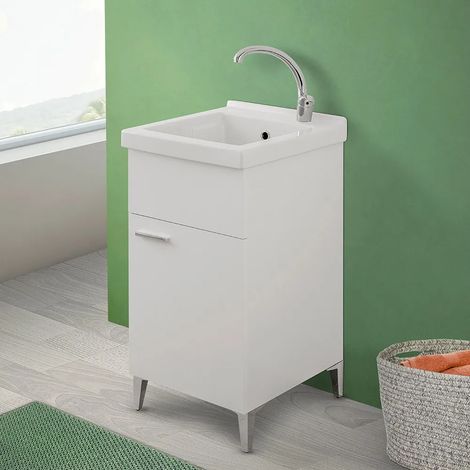 Mobile lavatoio bianco 45x50 cm con vasca in ceramica e kit scarico (1/5)
