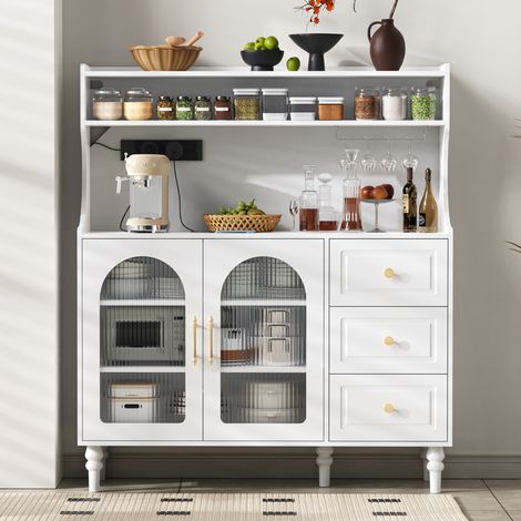 Buffet haut en MDF blanc 120 x 40 x 138.5 cm, 3 tiroirs, étagères réglables, porte-verres et station de charge (1/5)