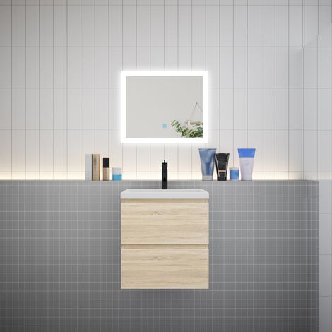 AICA Ensemble meuble vasque L.50cm chêne 2 tiroirs + led miroir + lavabo (1/5)