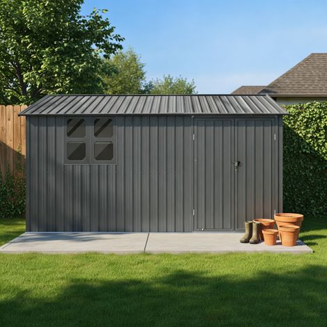 Abri de jardin en métal 10m² Gris Toit Double Pente avec Établi Pliant, Étagères, Fenêtre et Cadenas - Cabanon de Rangement Extérieur Robuste