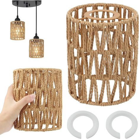 Lot de 2 Abat-jour Rotin, Bague Adaptation, Fil Papier Métal, E27 E14, Salon Chambre (1/5)