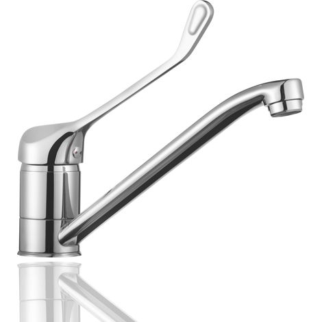 HOMSSY Grifo Gerontológico para Cocina, Mezclador Monomando de Fregadero, Grifo Medical con Maneta Higiénica de Codo, Diseño Ergonómico, Acabado Cromado Plata (1/4)