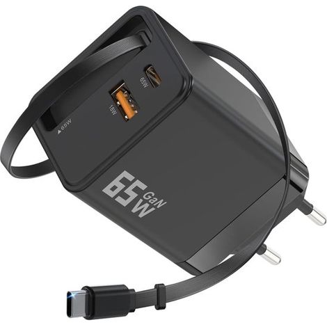 Cargador USB-C 3 en 1, 50 % más pequeño, con indicador de voltaje, adaptador USB de 65 W, cargador rápido con cable USB-C retráctil (negro). (1/5)