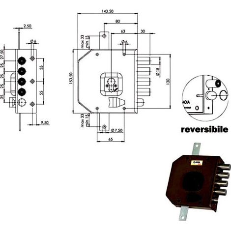 Serratura di Sicurezza Triplice a Cilindro SX Modello G454 Moia con 4 Catenacci e Scrocco, Interasse 25 mm