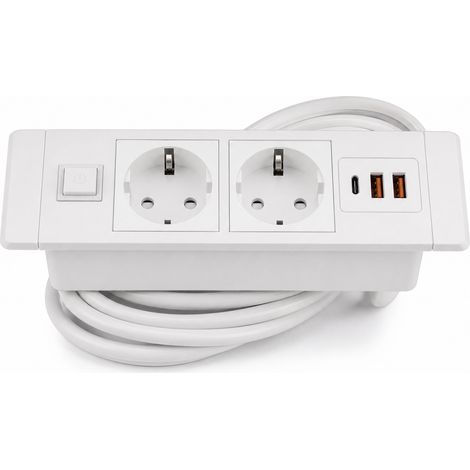 Bloc Prises Encastrable 2 USB 1 Type C Bureau Blanc 1,8 m (1/5)