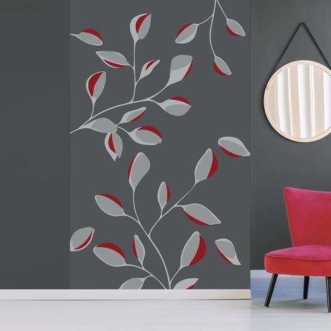 Papier peint intissé gris/rouge motif fleurs japonaises, 250 cm X 150 cm, fond gris foncé. (1/2)