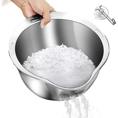 Bol de acero inoxidable para lavar arroz con colador integrado - Utensilio de cocina versátil - 1 pieza - Acero inoxidable (1/5)