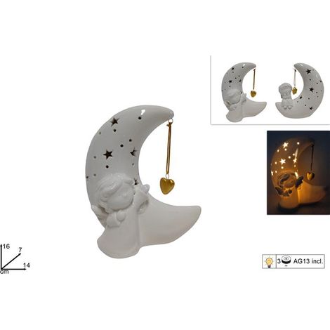 Decorazione Natale Angelo Bianco Luna in Ceramica con Luce 16 cm