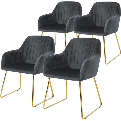 ML-Design Juego de 4x Sillas de Comedor Color Gris Asiento Ergonómico Acolchado Tapizado de Terciopelo, Patas de Metal Dorado Sillón de Diseño Moderno para Mesa de Salón Escritorio Dormitorio o Cocina (1/5)