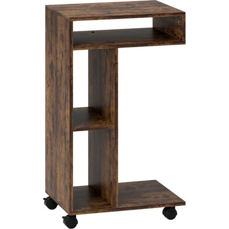 Mesa auxiliar en C con ruedas, 3 compartimentos, 40 x 30 x 69 cm, marrón rústico (1/5)