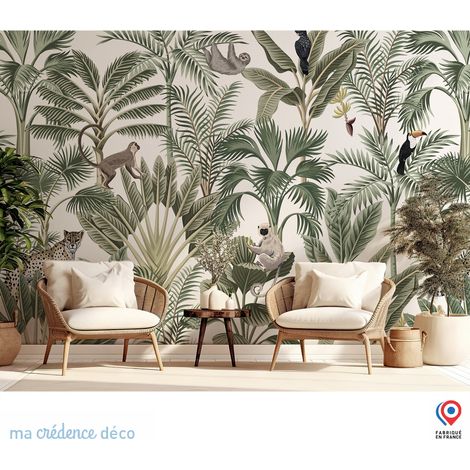 Papier peint : Fresque tropicale et montagne 3 - Intissé - L.400 x H.280 cm - Vert émeraude (1/3)
