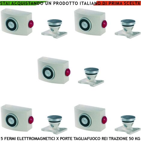 BLOCCAPORTA MAGNETETICO FERMO BIANCO 5 PEZZI PORTE TAGLIAFUOCO REI FORZA DI TRAZIONE 50 KG ANTINCENDIO ALIMENTAZIONE 22/28 VCC (1/4)
