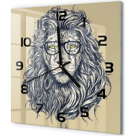 Horloge Murale Carrée Chambre Silencieuse en Verre Sans Tic-Tac Design Moderne Lion hipster 30x30 cm (1/5)