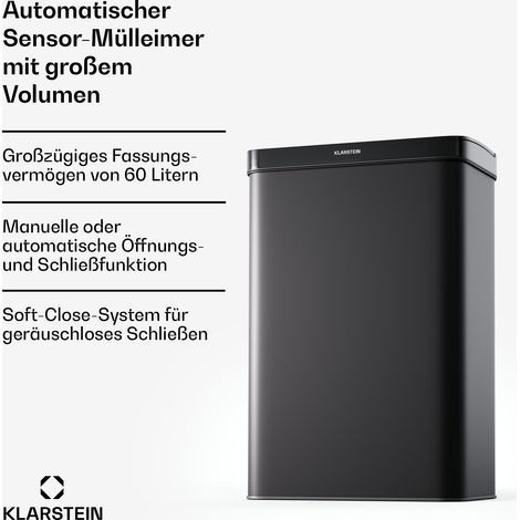 Klarstein Sensor-Mülleimer 60L - berührungslos mit Bewegungssensor & Soft-Close, Edelstahl, Mattschwarz, Küchen-Abfalleimer, 3-in-1-Mülleimer mit Trennsystem