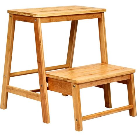 COSTWAY Taburete Escalera Plegable Escalera de 2 Peldaños Silla de Bambú 45x51x48 centímetros Cargable hasta 100 kg para Hogar (1/5)