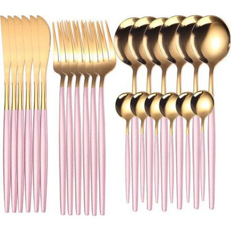 Couverts en acier inoxydable, 24 pièces, couteau, fourchette, cuillère, lavable au lave-vaisselle - or rose (1/4)