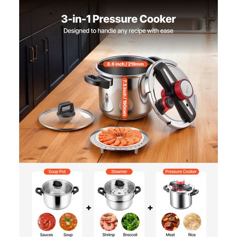 Autocuiseur 7 L, Casserole Pression en Acier Inox avec Panier Cuisson et Couvercle en Verre Trempé, 3 Niveaux de Pression jusqu'à 100 kPa, pour Viande Riz Soupes Sauces, Compatible Tous Feux (1/5)
