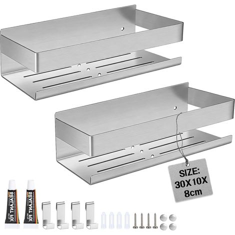 2PCS Étagère Salle de Bain sans Perçage 30 CM Étagère de Douche con 4 Crochets Amovibles Salle de Bain Rangement Murale en Acier Inoxydable Panier Douche Porte Shampoing Douche Couleur Brossée (1/5)